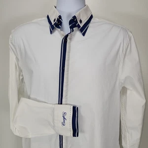 Coogi Luxe Stretch Shirt Mens Large Long Sleeve Button Down White Blue Flip Cuff - Picture 1 of 12