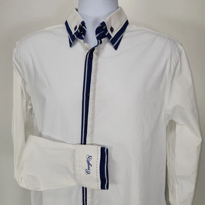 Coogi Luxe Stretch Shirt Mens Large Long Sleeve Button Down White Blue Flip Cuff - Image 1 of 4