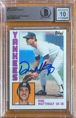 Tarjeta de novato Topps 1984 firmada por Don Mattingly #8 Bas BGS 10 autógrafo automático Yankees Foto 1 de 2