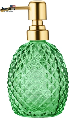 Green Glass Soap Dispenser with Gold Rust Proof Stainless Steel Pump, Diamond Pa - Image 1 of 4