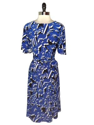 KASPER Sz XL A-Line Dress Blue White Black Floral Short Sleeve Stretch Knit Midi - Image 1 of 4
