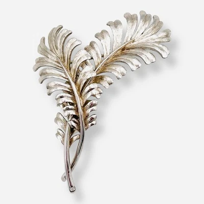 Vintage Monet Silver Tone Feather Brooch Double Leaf - Image 1 of 4