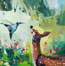 JOSE TRUJILLO Oil Painting IMPRESSIONISM Collectible ORIGINAL Deer Hummingbird 