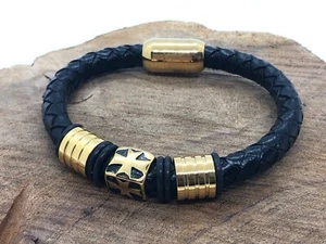 Black Leather Stainless Steel Gold Tone Cross Magnetic Clasp Biker Bracelet 7” - Picture 1 of 3