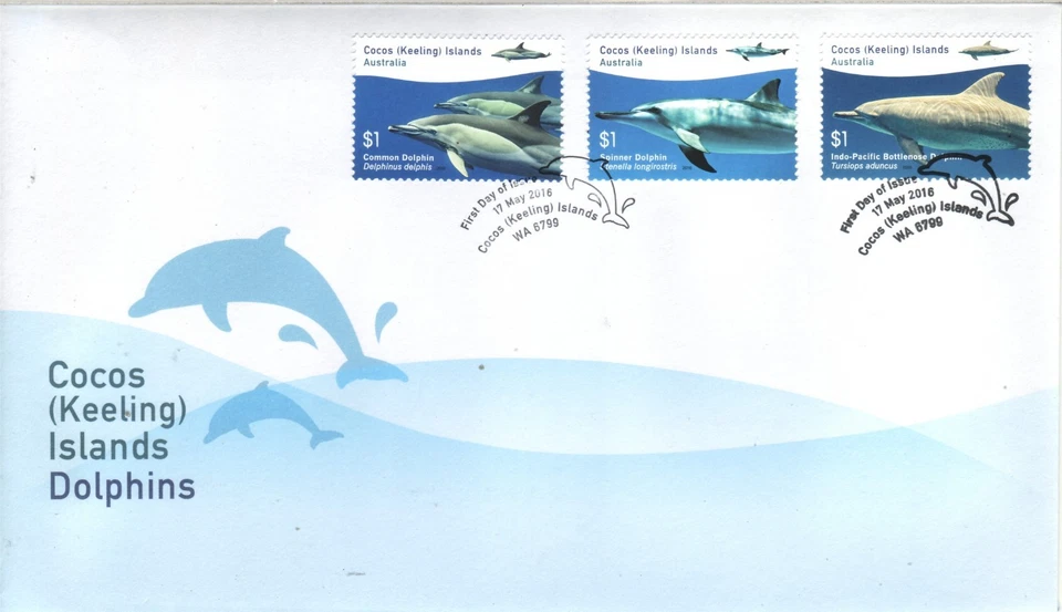 COCOS Islands 2016 juego completo de 3 x $1 DOLPHINS ON FDC - Vida silvestre marina. Foto 1 de 1