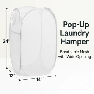 Pop Up Laundry Hamper Foldable Clothes Basket with Pocket – White, Portable - Picture 1 of 10