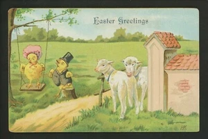 Easter Postcard Dressed Chicks Bonnet Top Hat Sheep Lamb Swing Embossed Vintage - Picture 1 of 2