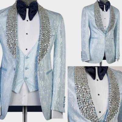 Trajes de jacquard azul cielo para hombre padrino chaqueta de boda trajes de diamantes de lujo Foto 1 de 4