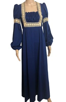 Maxi Vestido De Colección RARO 1970 Boho Hippie Renacimiento Talla S Azul Crochet Ribete Foto 1 de 4