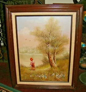 Charles Manning Oil Painting Canvas Signed Boy Fishing Lake Country Fishing - Picture 1 of 10