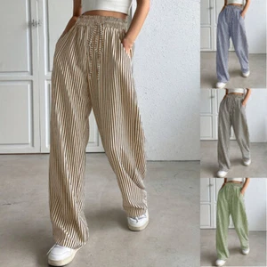 NEW Ladies Casual Stripe Long Pants Bottoms Elastic Waist Pocket Summer Trousers - Picture 1 of 10