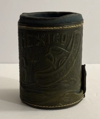 Coctelera de dados de cuero verde oscuro genuino Tooled México 6 dados LEER Foto 1 de 4