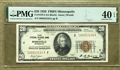 1929 $20 FRBN National Currency [] MINNEAPOLIS []  Fr  1870-I  []  PMG 40 EPQ ✔ - Image 1 of 3