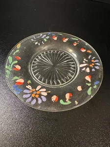 Vintage Clear Glass Plate Hand Painted Floral Enamel 7.25" Starburst Center - Picture 1 of 8