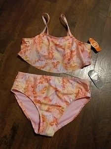WONDER NATION GIRL'S 2-PIECE SWIMSUIT HIGH WAIST XL (14-16) NEW Orange & pinks - Picture 1 of 7