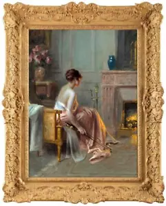 Antigua pintura al óleo hecha a mano de arte maestro mujer niña mujer sobre lienzo 24"x36" - Imagen 1 de 2