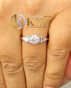 Round And Pear Moissanite Engagement Ring Three Stone 14k Solid White Gold 1.50 - Picture 1 of 11