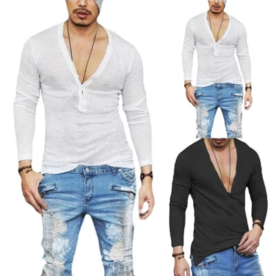 Men's Slim Fit Shirt Deep V-Neck Long Sleeve Casual T-Shirt Tee Tops Fashion - Image 1 of 4
