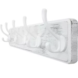White Coat Hook Rack 5 Hook Wall Mounted Hanger 16 Inch for Coats Hats Jackets - Picture 1 of 7