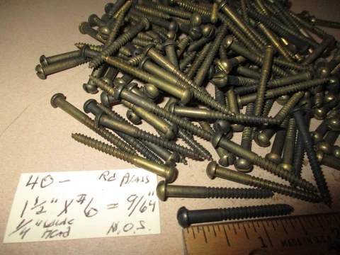 40-VINTAGE SOLID BRASS WOOD SCREWS WITH ROUND SLOT HEADS, 1 1/2" LONG X #6=9/64" Cover