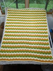 Vintage Handmade Crochet Afghan Twin Blanket Throw Chevron Green Yellow 66x48 - Picture 1 of 9