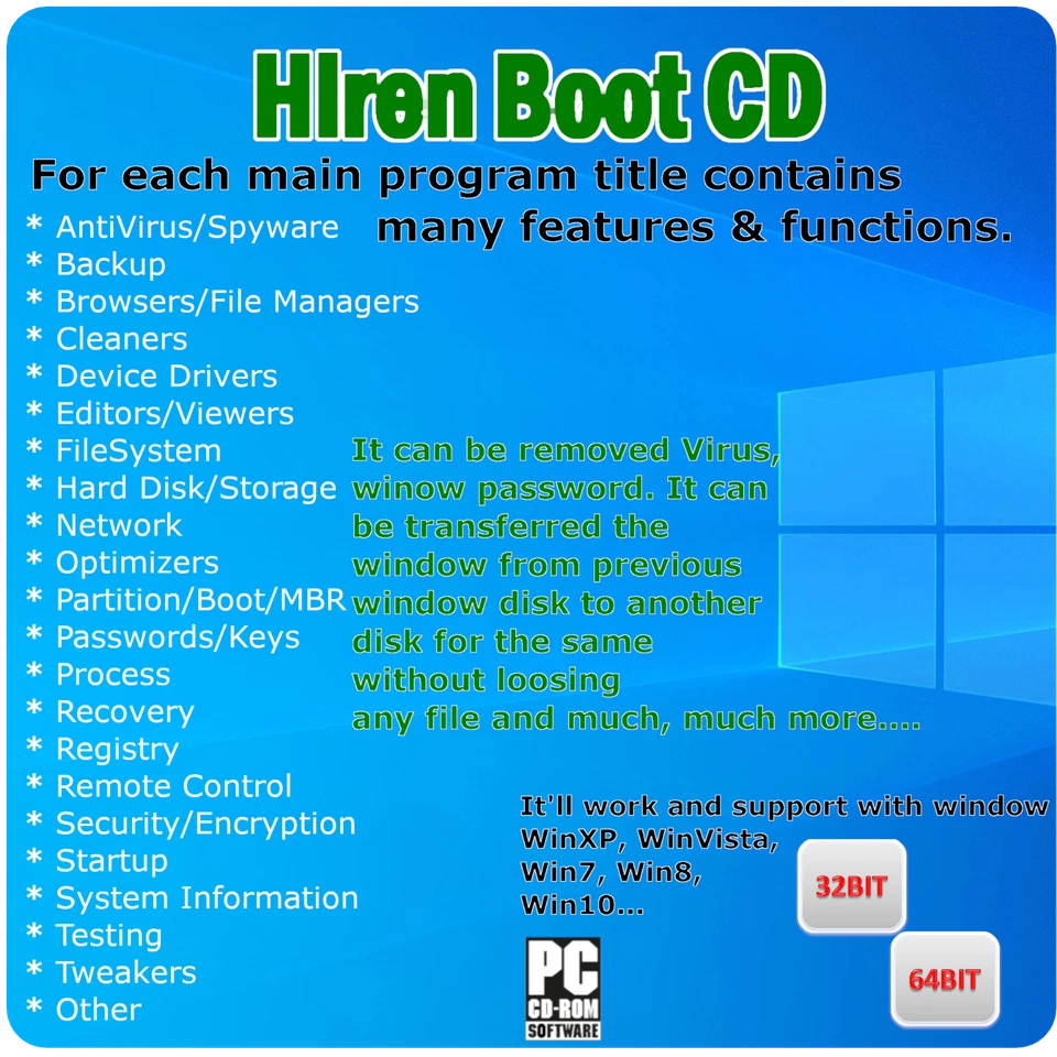  Hiren Boot CD - PC repair, recover,virus removal,clone disk, password removal - Image 1 of 1