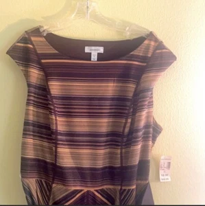 Dressbarn Women’s Brown Striped Sleeveless Fit and Flare Dress w/Belt Size 16W - Picture 1 of 7