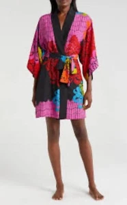 NWT NATORI Rimini Belted Floral-Print Robe Matte Satin Multicolor Size Med $195 - Picture 1 of 12