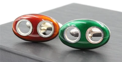 Gemelos ovalados modernistas Italia plata de ley 925 esmalte verde y naranja rojo Foto 1 de 4