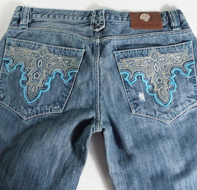 Jeans de mezclilla antiguos vintage para hombre 33x33 azul bordado corte bota desgastado Foto 1 de 4