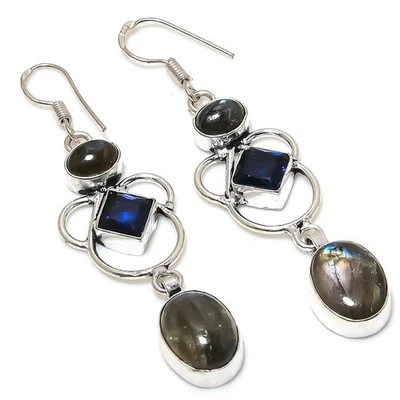 Pendiente de plata de ley 925 con piedras preciosas de calsílice negra natural 3,47" s828 Foto 1 de 4