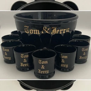 Hall China Tom & Jerry Gold auf Schwarz 13 Stück Eierlikör Bowle Schüssel Set c1940s USA - Bild 1 von 17