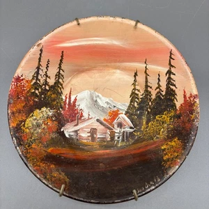 Arte de pared de cabaña de troncos de Alaska de 7" pintado al óleo al óleo de June Nichols rústico vintage - Imagen 1 de 7