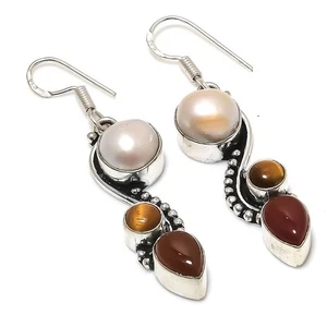 Natural Tiger's Eye Garnet Gemstone 925 Silver Earring 2.64 " R495 - Picture 1 of 6