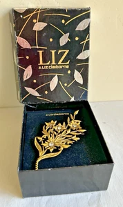 Vtg Liz Claiborne Inc Signed Large Gold Rhinestone Floral Brooch Pin in box - Picture 1 of 10