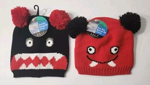 Toddler MONSTER FACE POM BEANIE Red And Black Winter Knit Hat NEW Lot Of 2 - Picture 1 of 3