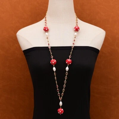 Collar colgante cadena dorada circonita cúbica fucsia perla Keshi pavimentada esmalte rojo 36"" Foto 1 de 4