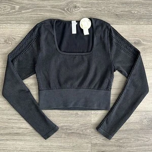Aerie OFFLINE Seamless Crop Top Large Cable Knit Square Neck Gray Ribbed Gym NWT - Picture 1 of 8