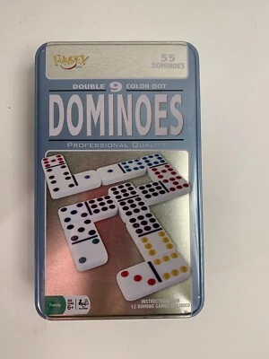 FUNDEX TRAVEL DOUBLE 9 COLOR DOT DOMINOS IN METAL TIN 55 TILES  - Image 1 of 2