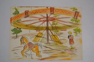 Disegno artistico vintage acquerello giostra cavallo carnevale moderno originale su carta - Foto 1 di 19