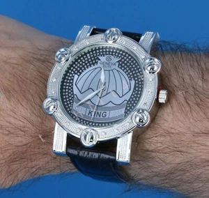 Reloj Geneva Elite para hombre Iced Lab diamante bisel de lujo esfera corona correa de cuero - Imagen 1 de 6