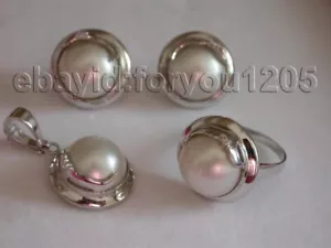 Natürliche 19mm weiße Mabe Perlen Ohrringe Anhänger Ringe Set 925 Silber #f1122! - Bild 1 von 2