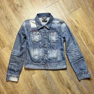 Lucky Legend Jean Jacket Women's Small Distressed Denim Grunge Y2K Elbow Patch - Picture 1 of 5