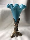 ANTIQUE VICTORIAN TURQUOISE BLUE GLASS EPERGNE VASE WITH FLORAL BRASS  STAND