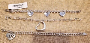 3 VINTAGE 7" STERLING SILVER LINK BRACELET LOT W/HEARTS 37 GRAMS - Foto 1 di 9
