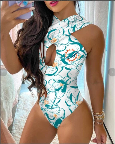 Miami Dolphins Halter Front Cross Swimsuits Cut Out Swimwear Bathing Suit Gifts Cover