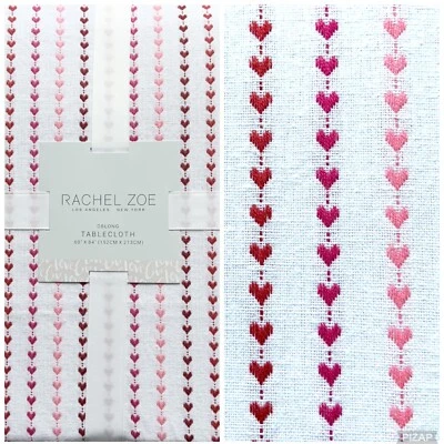 Rachel Zoe Red & Pink Rows of Hearts Tablecloth Valentine's Day 60x84” Cotton - Image 1 of 4