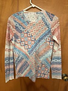 Sundance Whimsy Rose Baby Waffle Thermal Knit Top M Long Sleeve Printed