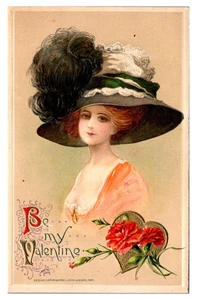 BE MY VALENTINE - BEAUTIFUL WOMAN IN HAT - SCHMUCKER - EMBOSSED HOLIDAY POSTCARD - Picture 1 of 2