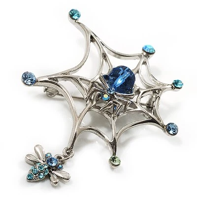 Broche de tela de araña y mosca de cristal azul en tono plateado metal - 60 mm de largo Foto 1 de 4